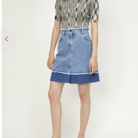 JUST Jean Skirt Two Tone Zip Frayed RARE Streetwear Modest Denim Y2K Knee Length - Picture 3 of 10